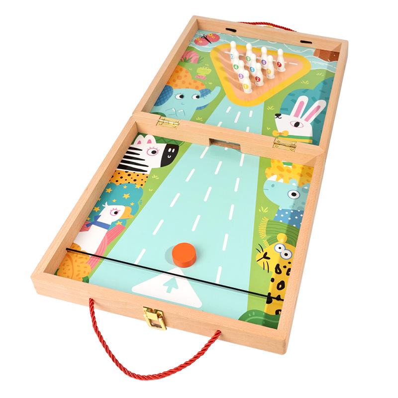 Double-Sided 4-in-1 Wooden Game Set: Chess, Five-in-a-Row, Go, Bowling - Children's Educational Toy