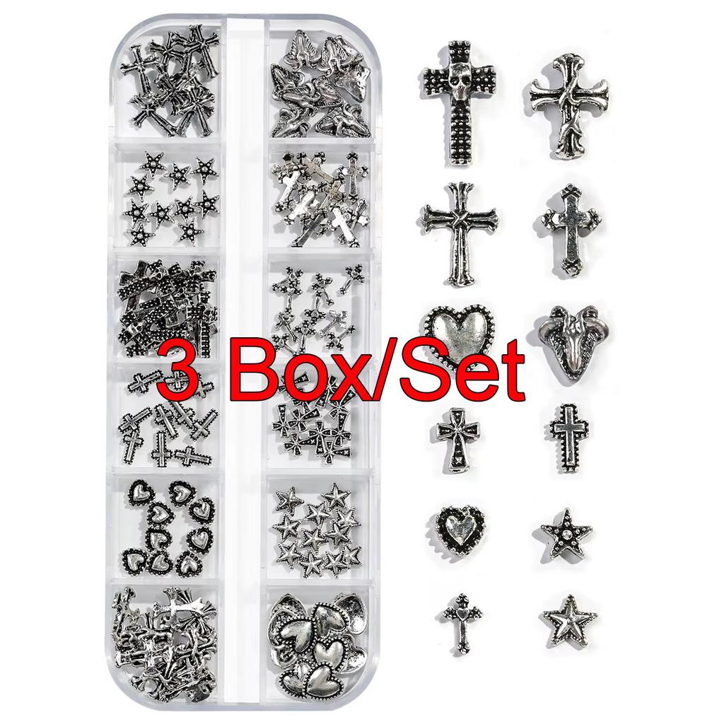 1/3Boxed 12 Grids Vintage Cross Shaped Zinc Alloy Jewelry Nails Supplies Heart&Star Shaped Metal Y2k Nail Art Decoration