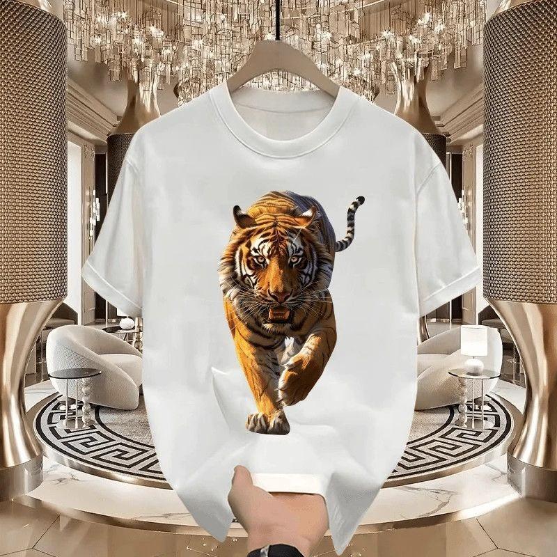2025 New Cotton Short-sleeved Crew Neck Trendy T-shirt Summer Men's Solid Color Tiger Print Breathable Versatile Top