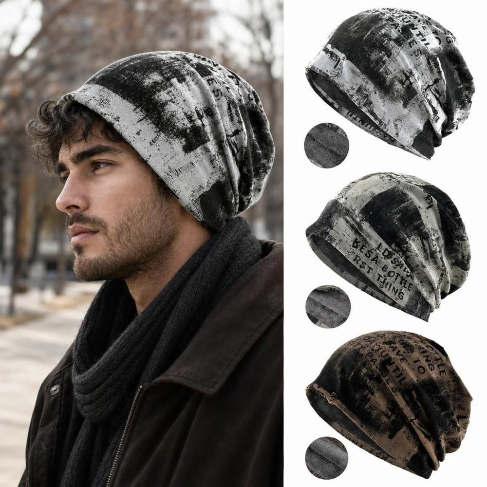 Tie-dye Slouchy Beanie Hat Stretchy Plush Lined Beanie Vintage Letter Print Beanie  For Men Women