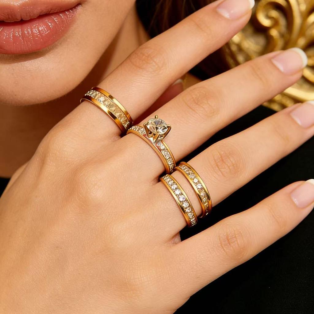 3-teiliges Set Vergoldet Zirkonia (CZ)  Hochzeit Verlobungsring Edelstahlring für Damen Klassischer Schmuck Zubehör Geschenk