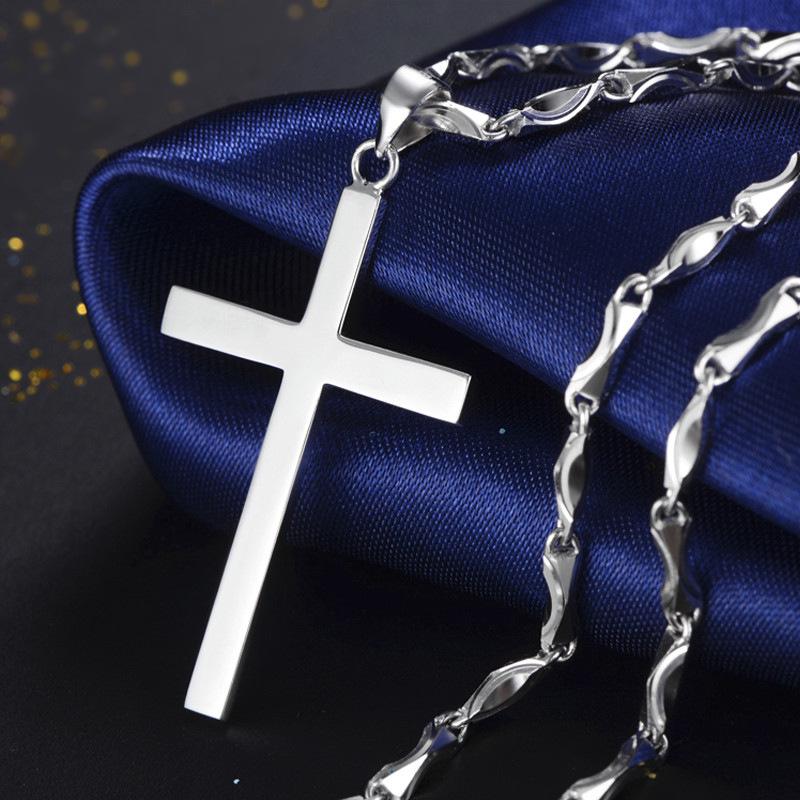 S925 Sterling Silver Smooth Cross Pendant Necklace for Men and Women - Versatile Long Sweater Chain