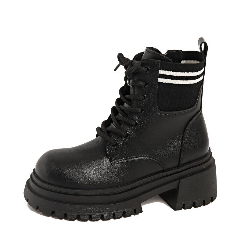 

British style front lace-up boots, new autumn and winter Martin boots for women, thick-soled velvet leather boots for women 42 чёрный