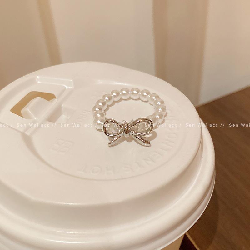 Korean Luxury Zircon Pearl Bow Ring - Vintage Niche Design, Women's Open Hand Jewelry