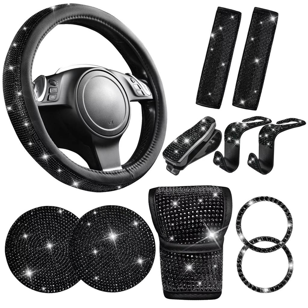 11 PCS Bling Accessories, Sparkly Rhinestone Diamond Steering Wheel Cover, Bling Seat Belt Cushion, Glitter Knob Cover, Car Cup Holder