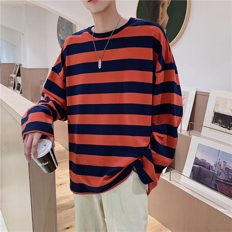 "Unisex Trendy Black & White Striped Long-Sleeve Crew Neck T-Shirt"