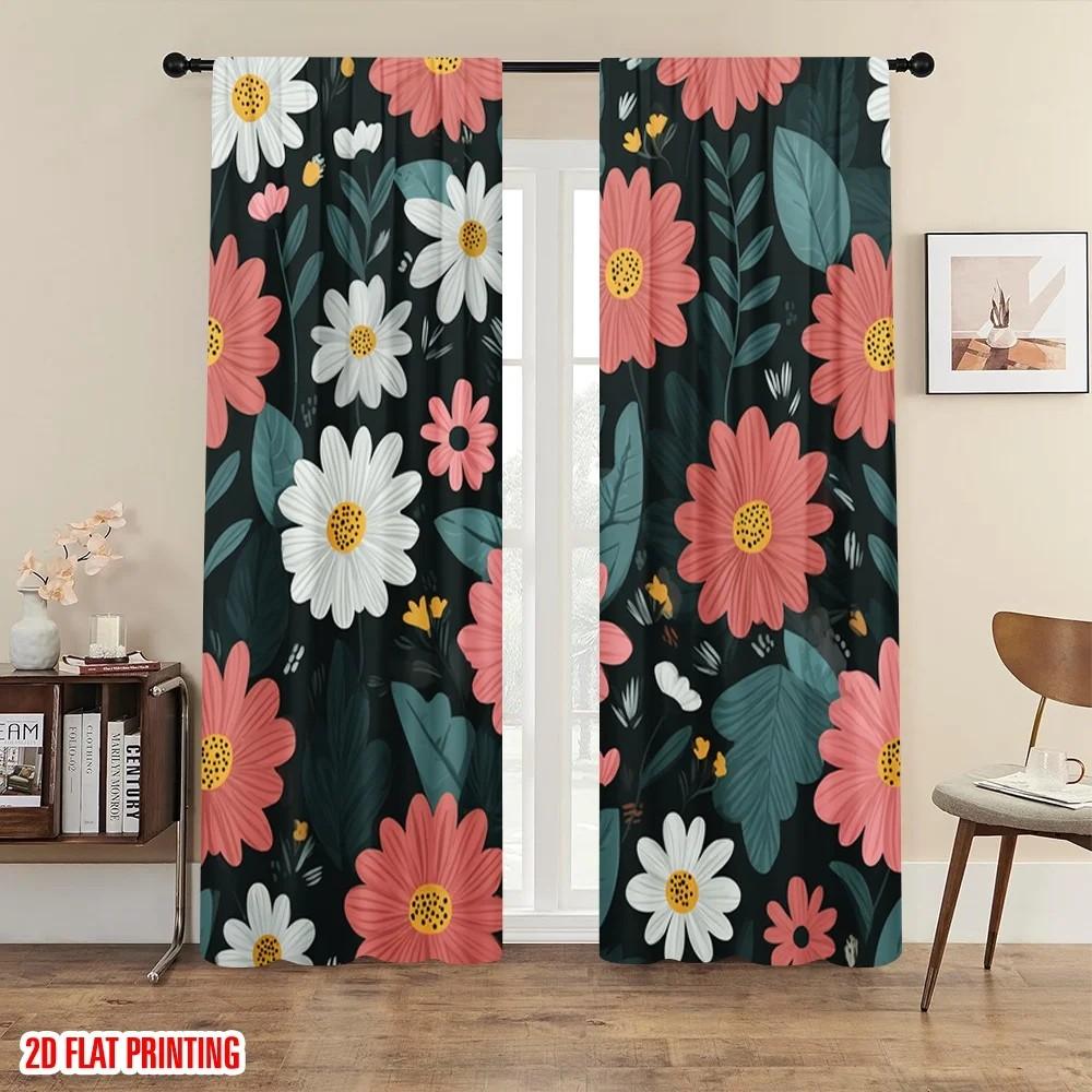 

2pcs Blooming Floral Printed Curtains Room Darkening Polyester Window Drapes for Home Decor Rod Pocket Curtain 24x59in(60x150CM)x2&Rod Pocket