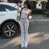 Jarní a letní dámský nový sexy top s halter neck odhalující pupík, pohodlný slim střih, kalhotový oblek s vysokým pasem a rozšířenými nohavicemi