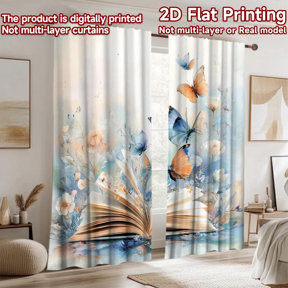 2D Flat Printing 2pcs Party Curtains Butterflies Book Nature Digital Printed Polyester Drapes Family Party Decoration Use for