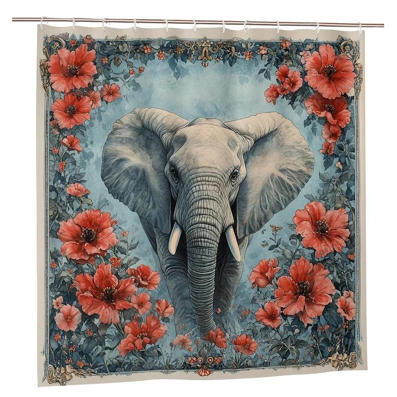 Elephant Flower Shower Curtain - Majestic Beasts In Vibrant Flowers Hanging On Living Room Wall, Bedroom Decoration - Natural
