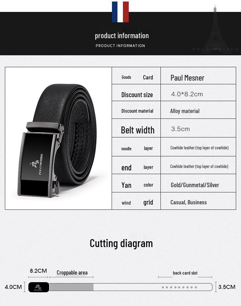 Paul Pasek Męski Skóra Naturalna Klamra Automatyczna, Styl Biznesowy Wysokiej Klasy, Pasek z Skóry Licowej