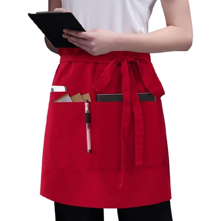 Waitress Aprons with 3Pocket Waist Aprons Commercial Waiter Half Apron with Extra Long Straps for Restaurant Server Work красный