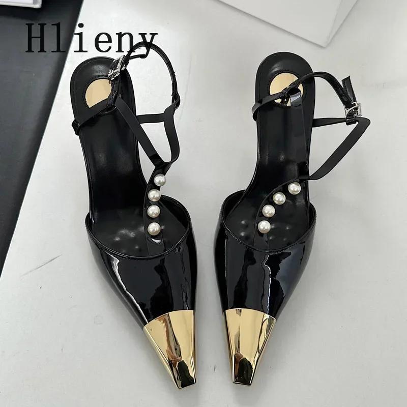 Sexy Metal Pointed Toe Stiletto Sandal Women Luxury Pearls Strap Buckle Designer High Heels Party Prom Shoes Summer Women Pumps