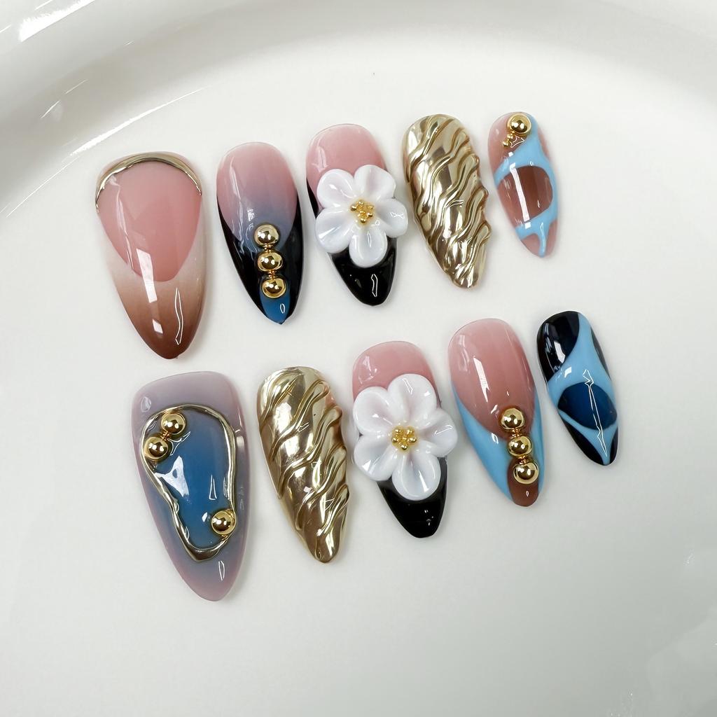 10Pcs Pink Gradient Handmade New Fake Nails Wearable Full Cover 3D Flowers Almond Nail Tips Set Detachable French Acrylic Nails