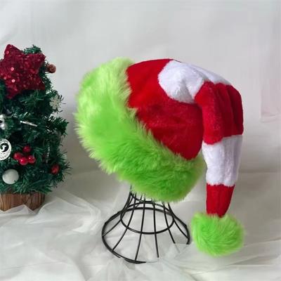 Weihnachtsmütze mit grünem Rand Splicing Xmas Lange Plüsch-Nikolausmützen Rot Weiß 31x47cm Neujahr Festliche Mütze Kopfbedeckung