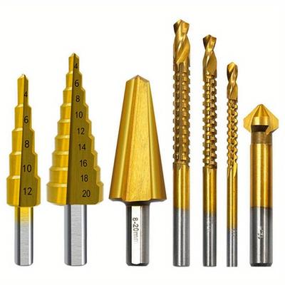 7-teiliger Stufenbohrer, Säge, Regenschirm, Fase, gerader Fräser aus Titan, 4-12/20 mm, 3 6 8 mm, für Holzarbeiten, Metall, Loch, Kegelbohrer