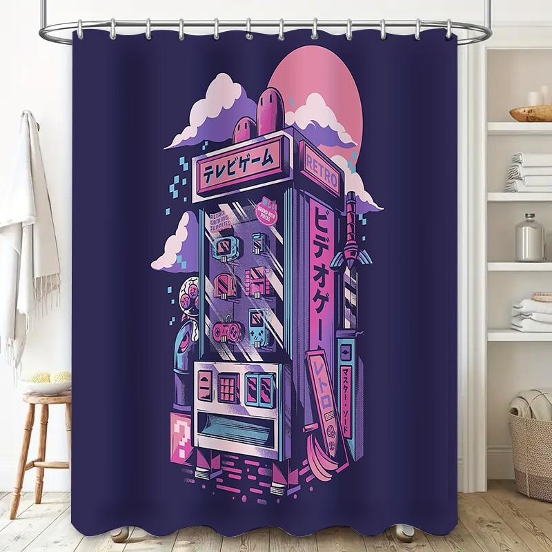 Japanese Anime Shower Curtain Retro Vaporwave Cityscape Backdrop Washroom Decor Artistic Wall Hanging Home Decor