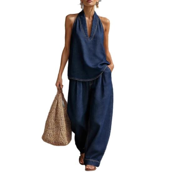 Halter Denim Set for Women Sleeveless Tank Top And Wide Leg Pants Lounge Sets Summer Casual Two Piece Outfits with Pockets