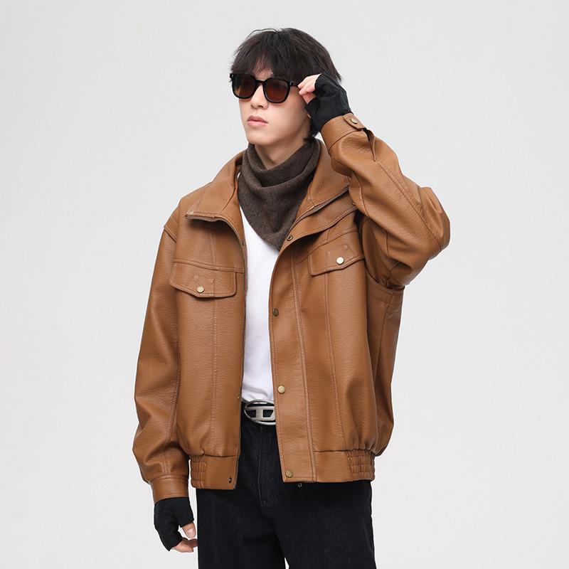 

Men s Slim Fit Soft Leather Jacket - Spring Autumn Casual Korean Style XL бежевий
