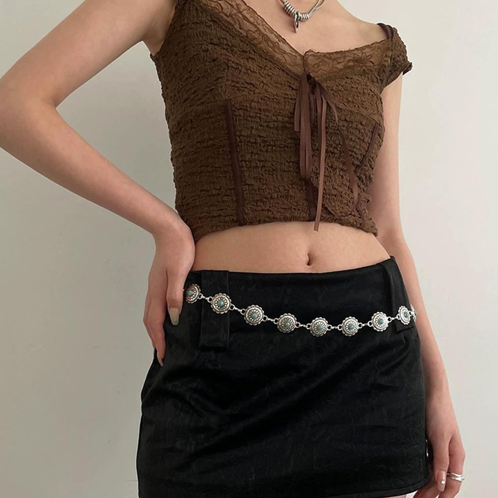 Bohemian Women Waist Belt Thin Ethnic Style Chain with Carved Turquoise Buckle Decorative Women Dress Metal Waist Belt