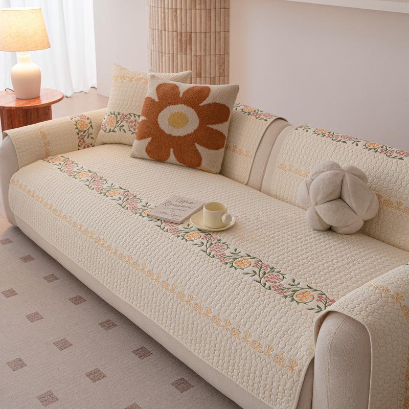 Washed Cotton Embroidered Couch Cushions Fixed Anti-slip Particles Sofa Cover Straight Three Person Fabric Sofa Leather Couch Quilted Protective Pad