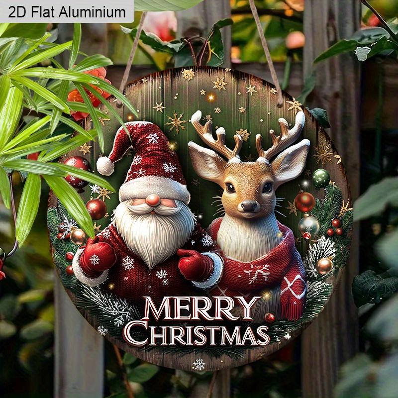 Panneau de Noël Plat en Aluminium 2D avec Motif Père Noël et Élan - Ornements Figurines Rustiques - Idéal pour Porte d'Entrée, Mur, Porche, Décoration de Fenêtre - Idéal