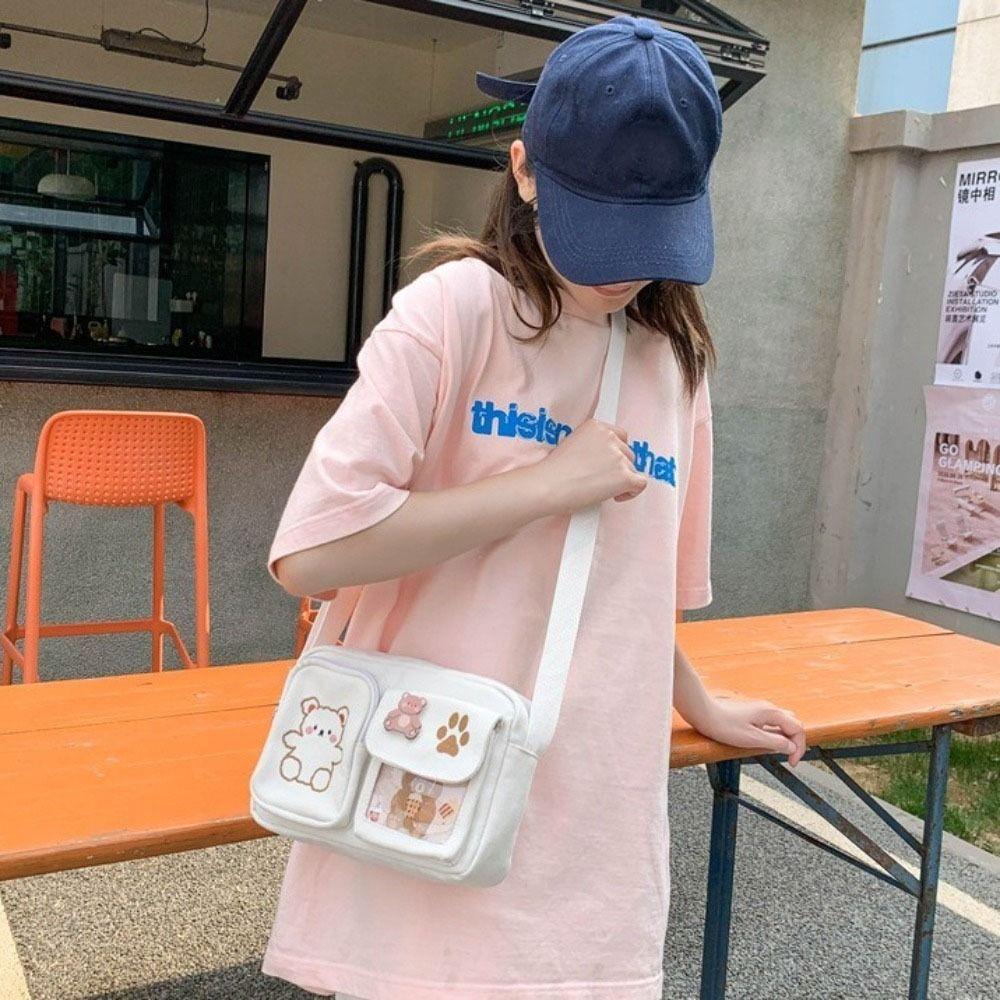 Embroidery Bear Canvas Shoulder Bag Solid Color Shoulder Bag Cute Transparent Itabag  Gift