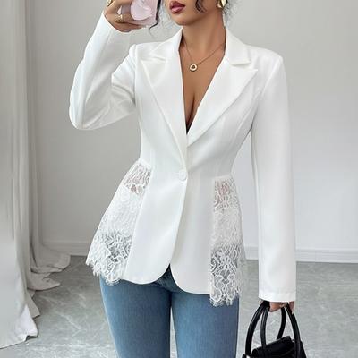 Elegant Lace Patchwork Blazer Women Fashion Notched Collar Long Sleeve One-button Perspective Sexy Versatile Suit Coat