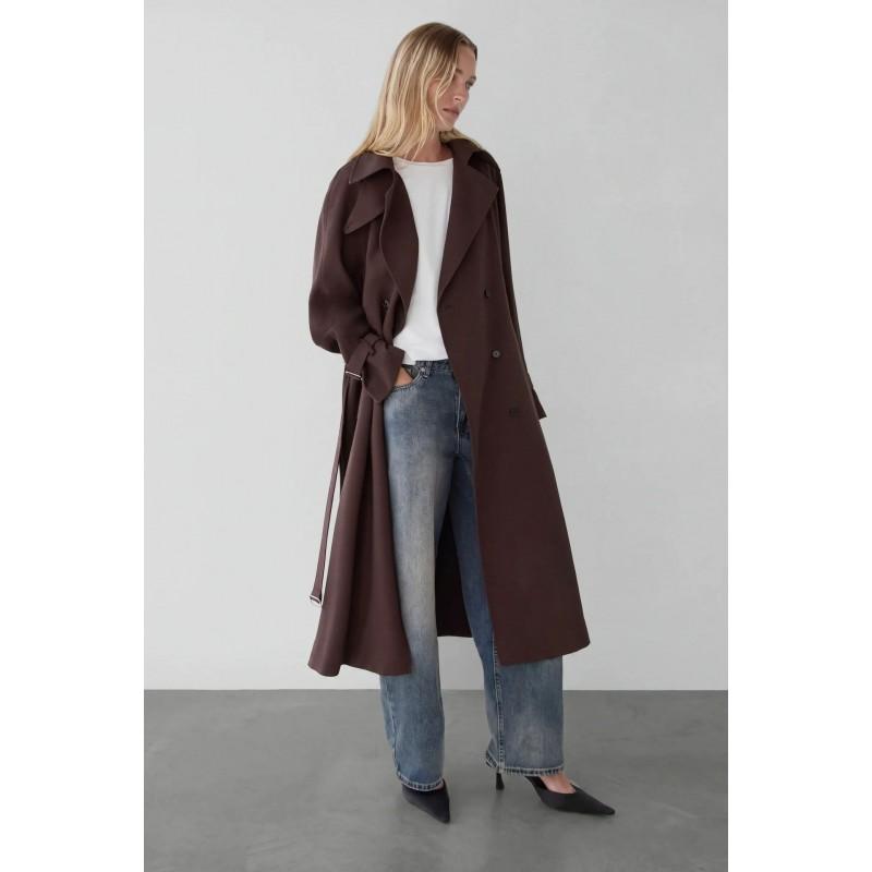 Doppelreihiger Trenchcoat für Damen mit Stehkragen, Taillengürtel, lockerer Passform, langer Länge, übergroße Oberbekleidung in einfarbigen Farben