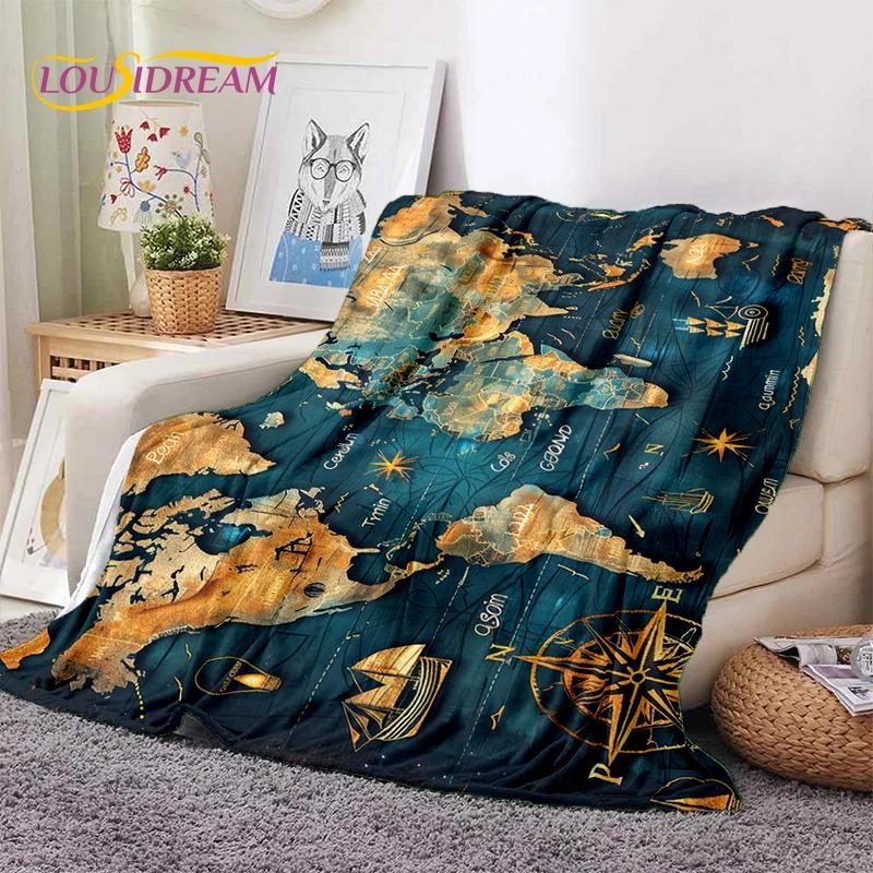 Retro Antike Seekarte Kraft Weltkarte Kompass Weiche Decke, Weiche Überwurfdecke für Zuhause Schlafzimmer Bett Sofa Abdeckung Kind