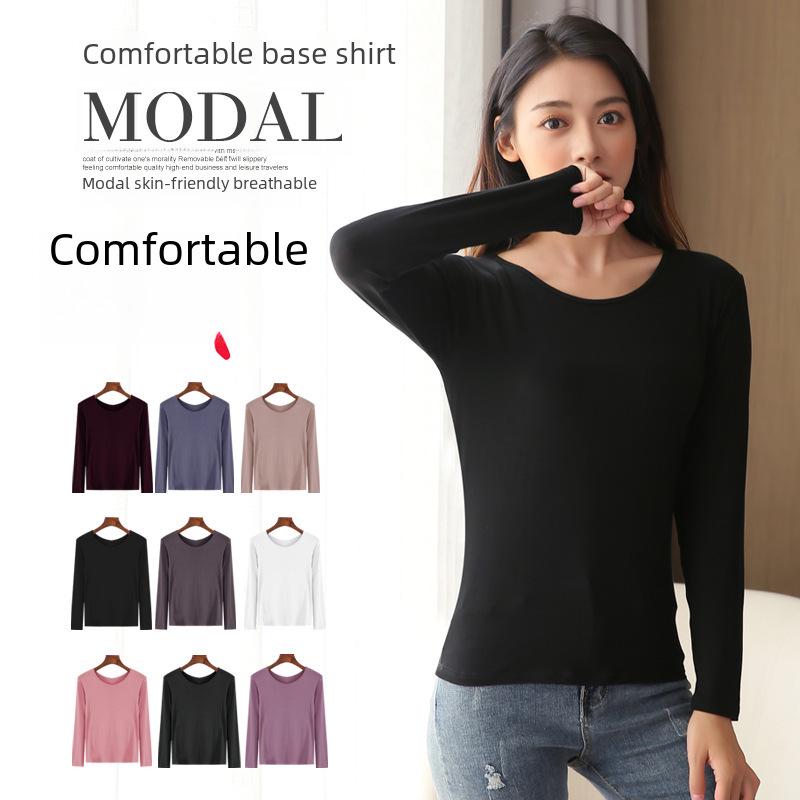 Korean Half-High Collar Slim Fit Modal T-Shirt - Long-Sleeve Solid Color Top
