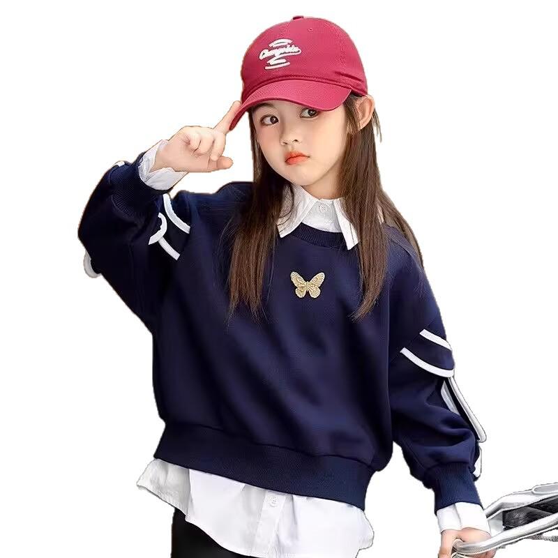Girls' Trendy Sweatshirt: Spring/Autumn Two-in-One Shirt with Stylish Collar for Kids