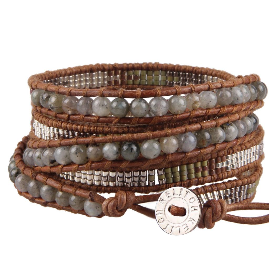 KELITCH Labradorite Green Beads Bracelet Genuine Leather New Bangle Jewelry 5-Wrap (Taupe)
