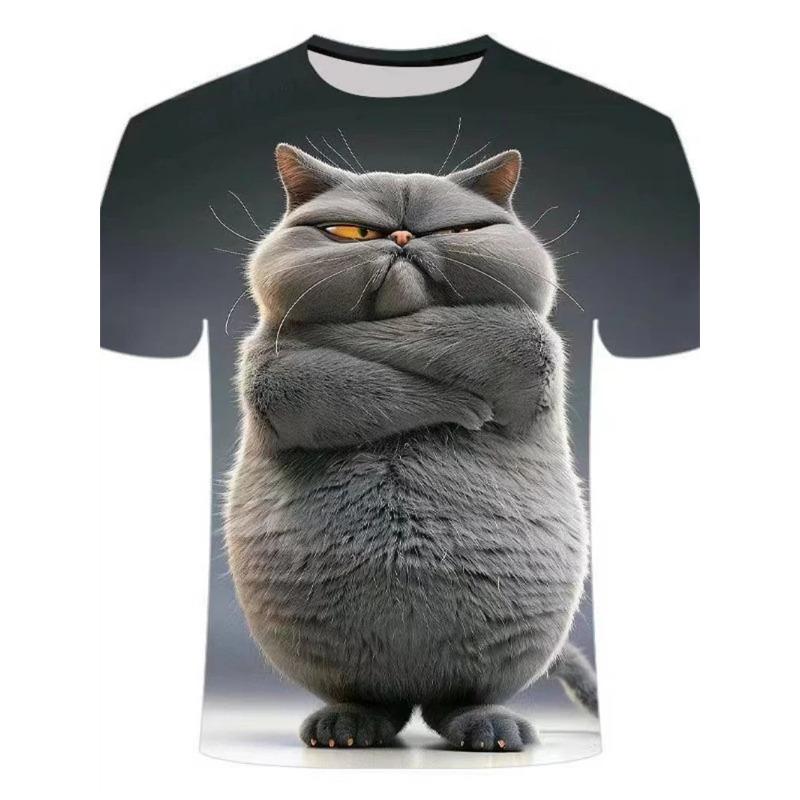 Fun Cat Pattern T-shirt, Men's Personalized Animal 3D Printed T-shirts, Round Neck Top