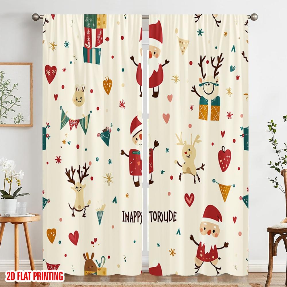2pcs,2D Plane Printing Pattern Curtains Christmas Character Seamless Polyester Fabric (without Rod) Home Decor Perfect for