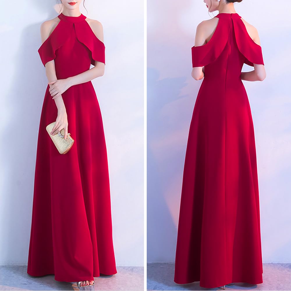 BEYANE Loose Long High Cabaret Flared Elegant and Halter Wedding Maxi Concert Arm Piano Junior High High Red Dress A-Line Dress, Waist, Dress, Skirt,