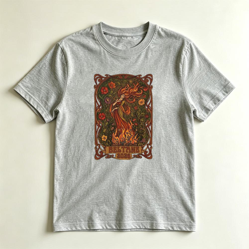 Vintage Art Nouveau Beltane TShirt Pagan Fire Festival Goddess Graphic Tee Witchy Floral Nature Inspired Casual Unisex Shirt