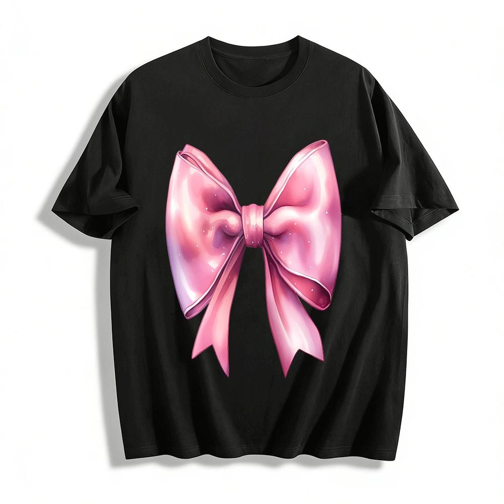 Dreamy Pink Bow Print Casual Daily Top For Girls Pure cotton T-shirt