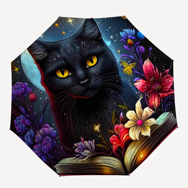 1 шт. Компактный складной ветрозащитный зонт-трость с рисунком черной кошки, Автоматический складной зонт, Автоматическое открытие/закрытие, Подарок-121