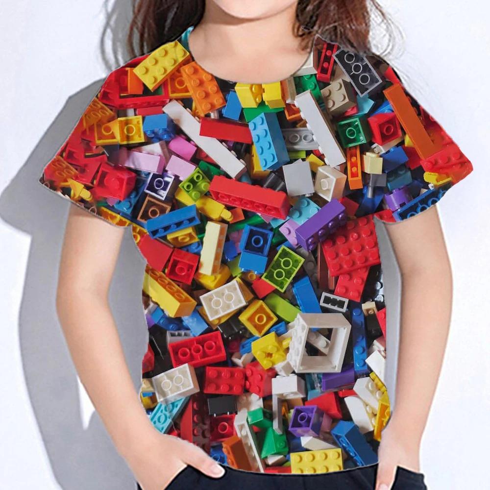 3D Colourful Bricks Short Sleeve Tshirts Summer Children's Boy's Clothing T-Shirt For Girls Kids Clothes Fashion 2026 Tees Tops