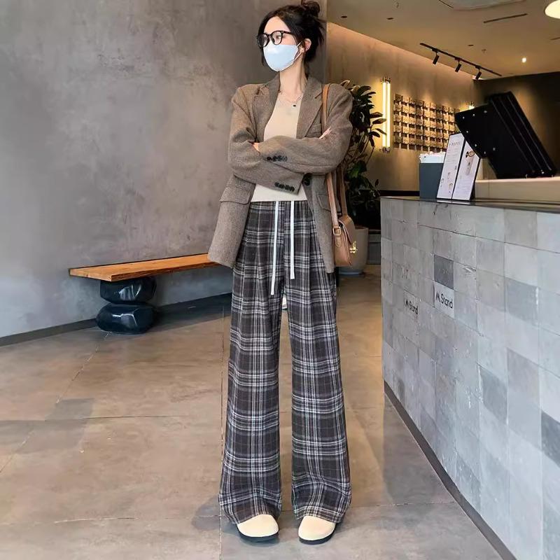 Coffee plaid woolen wide-leg pants women's new autumn clothing lazy and relaxed high waist thin straight-leg pants