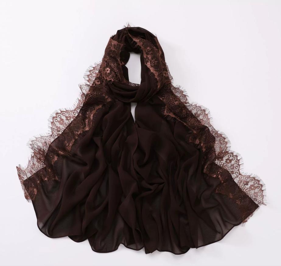New Muslim Chiffon Hijab With Lace Muslim Scarf Long Shawls Solid Headscarf Wraps Embroidered Lace Muslim Turban Femme Hijab