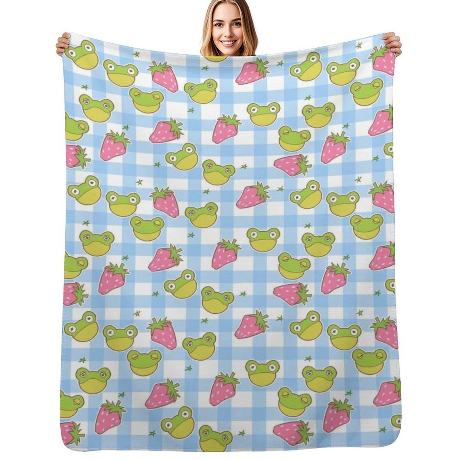 

Cottagecore Froggies on Blue Gingham Throw Blanket Foldable Soft Warm Blanket for Outdoor Use 102x76cm(40x30in)