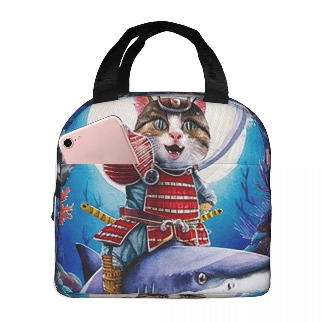 Cat Riding Catana Shark Insulated Lunch Bag for Women Kids Portable Food Boxes Thermal Lunch Box Tote