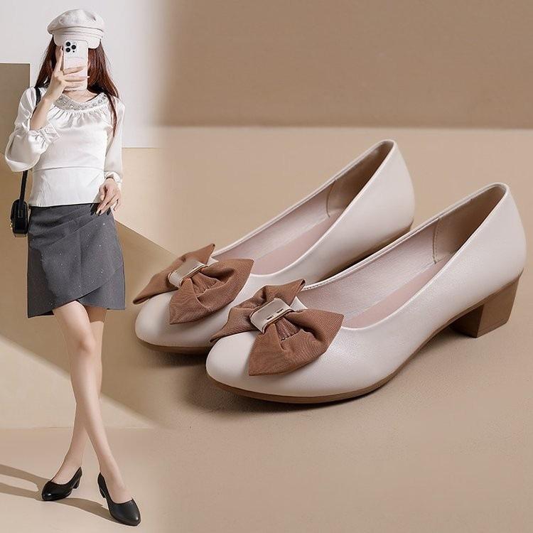 

French evening wind single shoes thick heel new autumn soft-soled bow light mouth gentle wind Doudou shoes 41