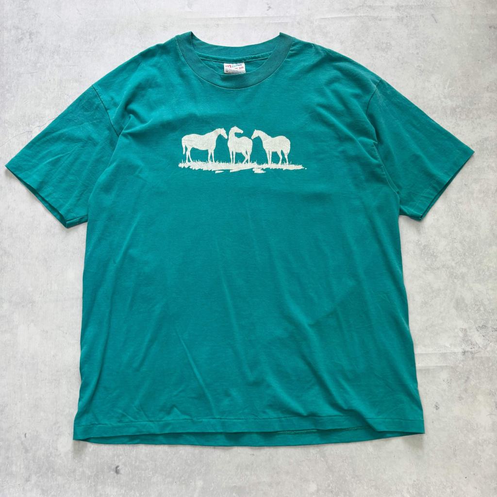 Vintage T Shirt Mens XL Turquoise Blue Single Stitch Graphic Print 90s Horse