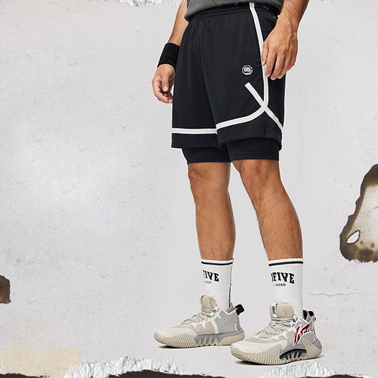 Li-Ning Anti-Five Series Spliced Mid-Rise Quick-Dry Cool Breathable Straight-Leg Sports Shorts Men shorts Black AKSU701-3