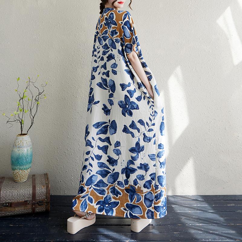 DIMANAF 2025 Summer Plus Size Dress Basic Women Casual Loose Vintage New Long Oversized Flower Dress Maxi