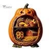 Indoor Halloween Ornaments Centerpiece Pumpkin, Wooden Pumpkin Ornament with Miniature Scenes, Rustic Unique Table Centerpieces Skeleton for Farmhouse
