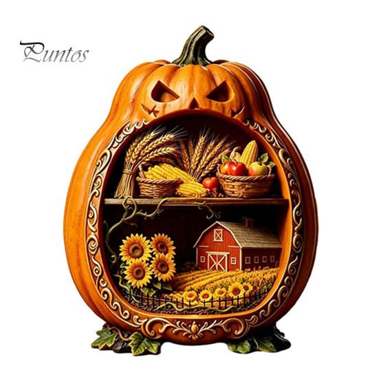 Indoor Halloween Ornaments Centerpiece Pumpkin, Wooden Pumpkin Ornament with Miniature Scenes, Rustic Unique Table Centerpieces Skeleton for Farmhouse